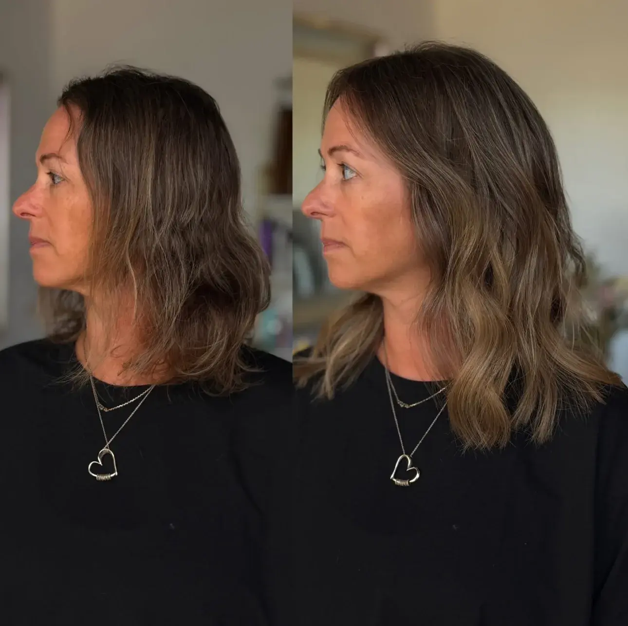 Before and after: a color refresh — tone, shine, and movement