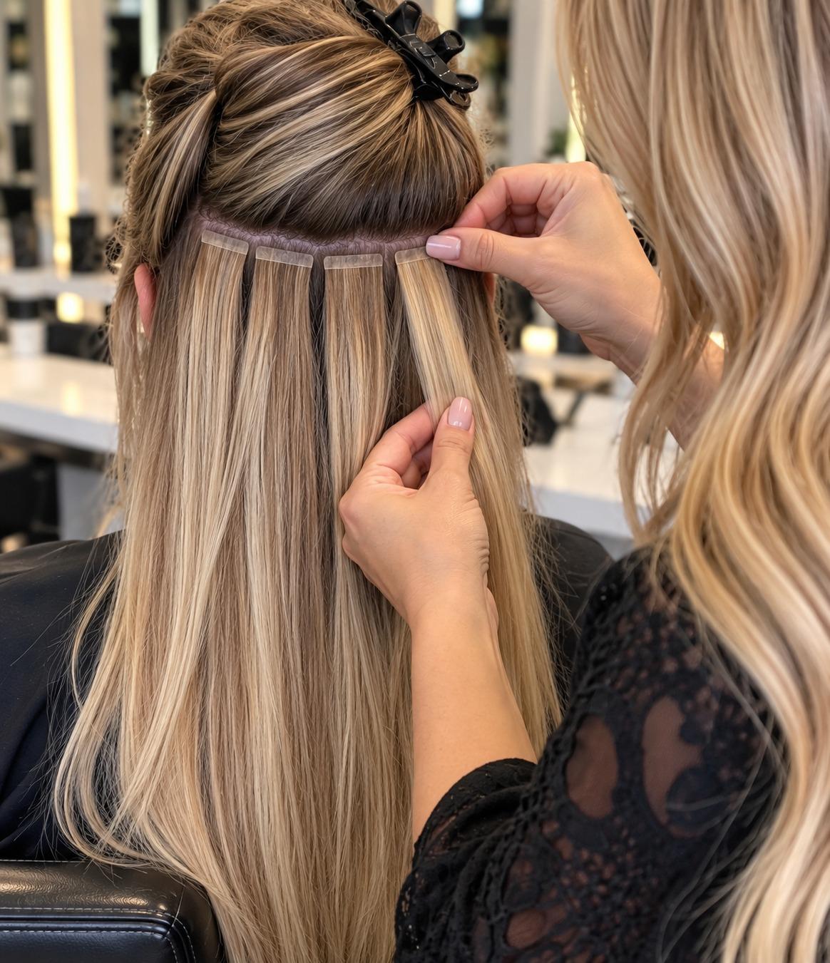 Tape-in extensions being applied